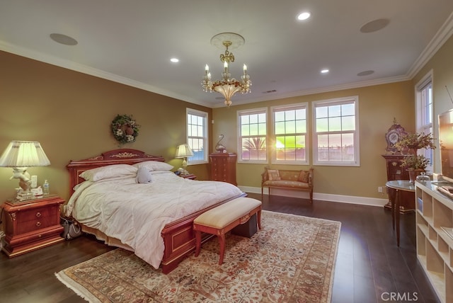 bedroom featuring dark wood-style floors, a chandelier, ornamental molding, and multiple windows