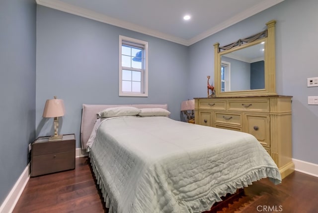 bedroom featuring baseboards, recessed lighting, ornamental molding, and dark wood finished floors