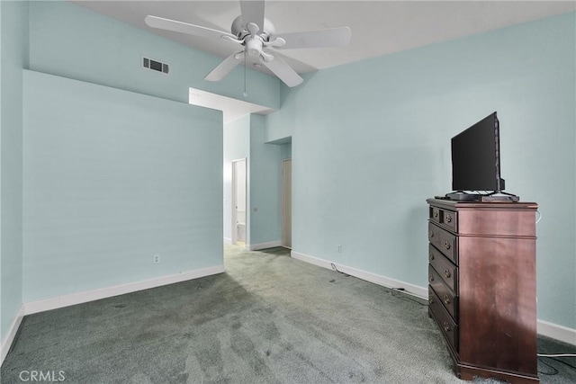 unfurnished bedroom featuring a ceiling fan, ensuite bathroom, carpet, baseboards, and visible vents