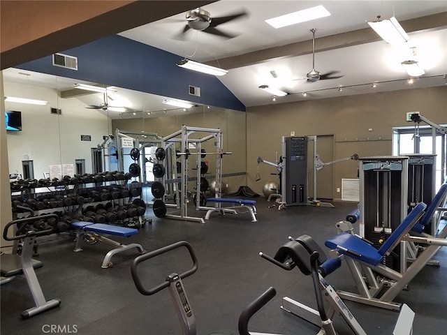 exercise room with lofted ceiling, visible vents, and ceiling fan
