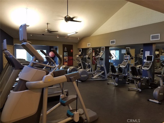 exercise room with visible vents, high vaulted ceiling, and ceiling fan