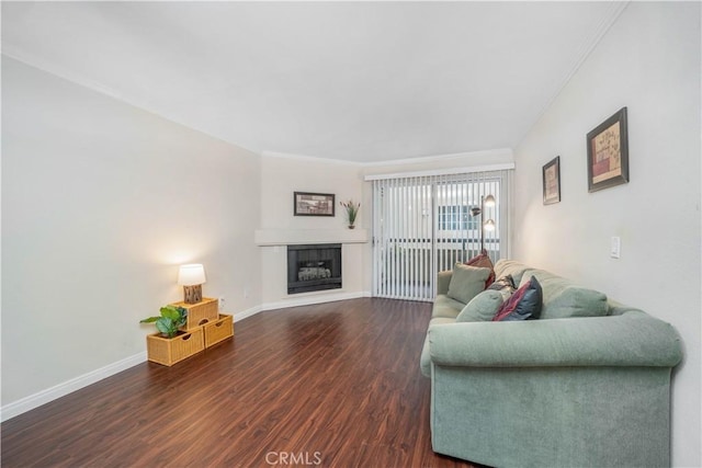 living area with ornamental molding, baseboards, a fireplace, and wood finished floors