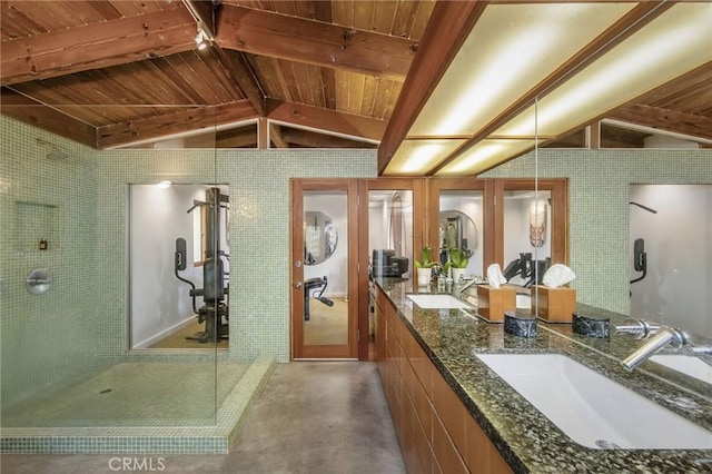 1503 Skylark Ln, Los Angeles, CA 90069 - bathroom featuring wood ceiling, a sink, lofted ceiling with beams, and a shower stall