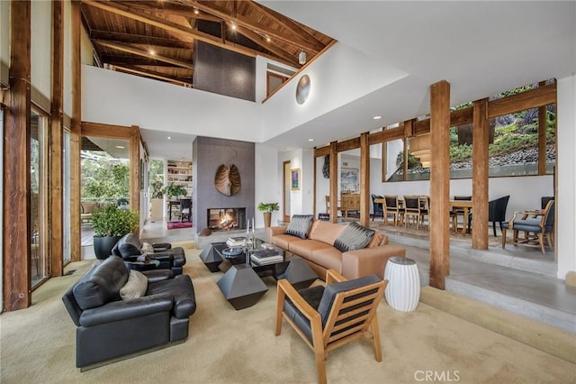 1503 Skylark Ln, Los Angeles, CA 90069 - living area with carpet, a high ceiling, and a large fireplace