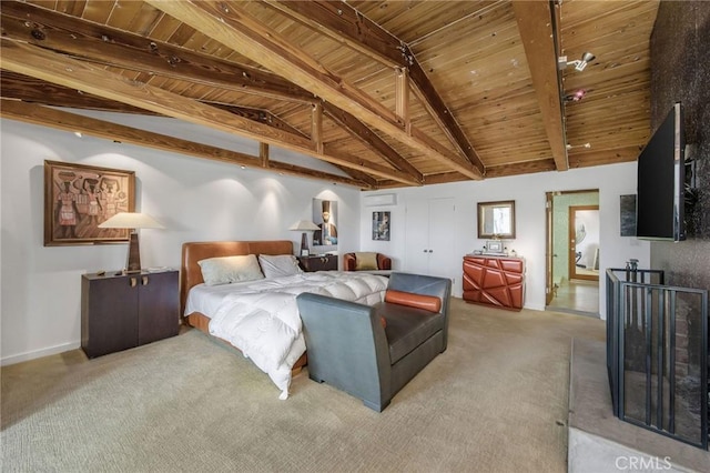 1503 Skylark Ln, Los Angeles, CA 90069 - bedroom featuring wood ceiling, lofted ceiling with beams, and carpet floors