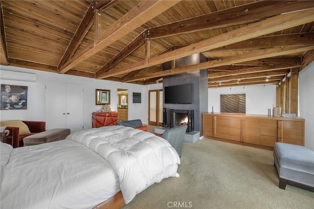 1503 Skylark Ln, Los Angeles, CA 90069 - bedroom with a large fireplace, wood ceiling, vaulted ceiling with beams, and light colored carpet