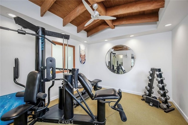 1503 Skylark Ln, Los Angeles, CA 90069 - exercise room with baseboards, ceiling fan, recessed lighting, vaulted ceiling, and wooden ceiling