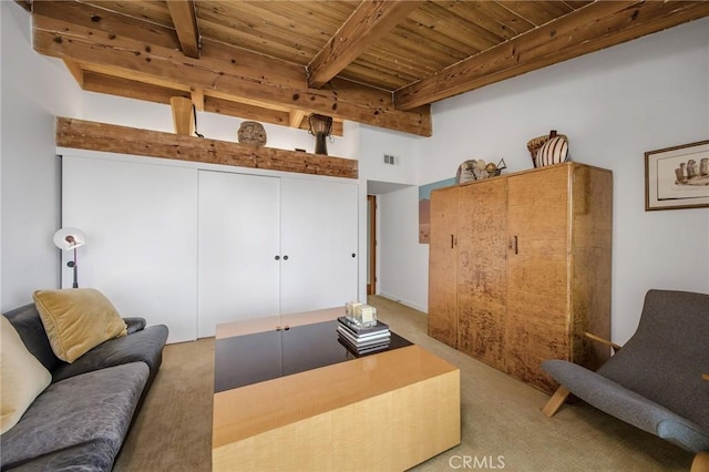 1503 Skylark Ln, Los Angeles, CA 90069 - living room with carpet flooring, visible vents, wooden ceiling, and beam ceiling