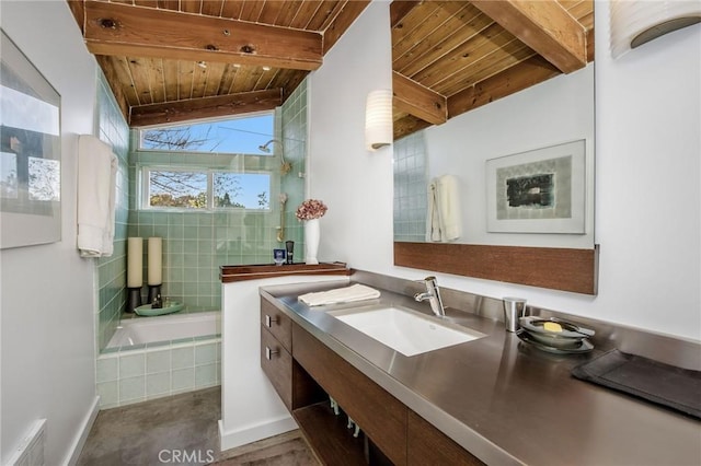 1503 Skylark Ln, Los Angeles, CA 90069 - full bathroom featuring a tile shower, wooden ceiling, beam ceiling, tiled tub, and visible vents