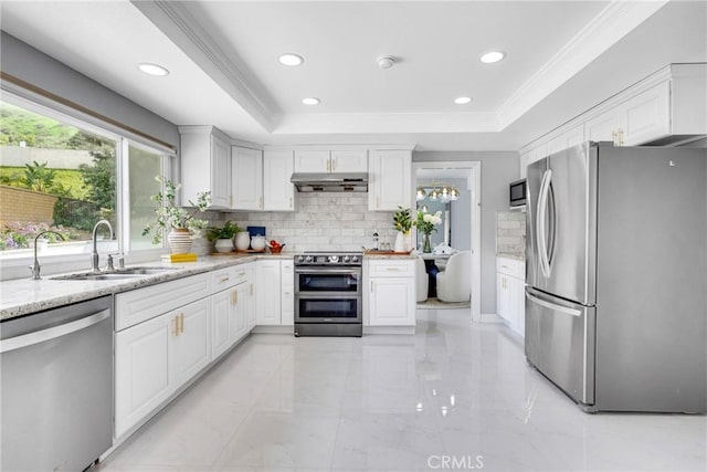 960 S Joliet Cir, Anaheim Hills, CA 92807 - kitchen featuring stainless steel appliances, under cabinet range hood, crown molding, backsplash, and a sink