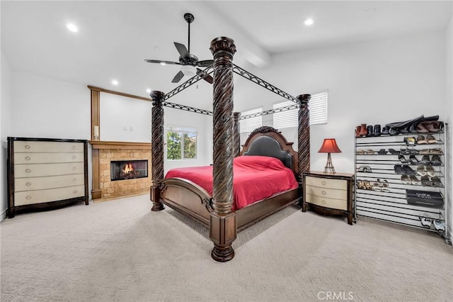 1907 Ernest Ave Unit B, Redondo Beach, CA 90278 - carpeted bedroom featuring recessed lighting, lofted ceiling, a ceiling fan, and a fireplace