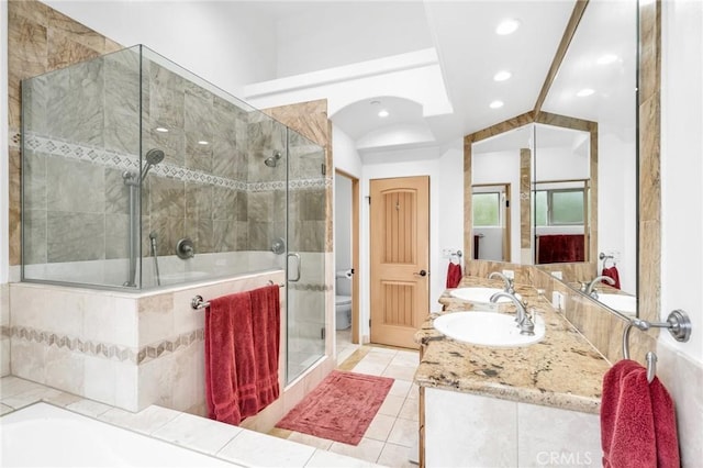 1907 Ernest Ave Unit B, Redondo Beach, CA 90278 - bathroom with a stall shower, a bathtub, toilet, recessed lighting, and vanity