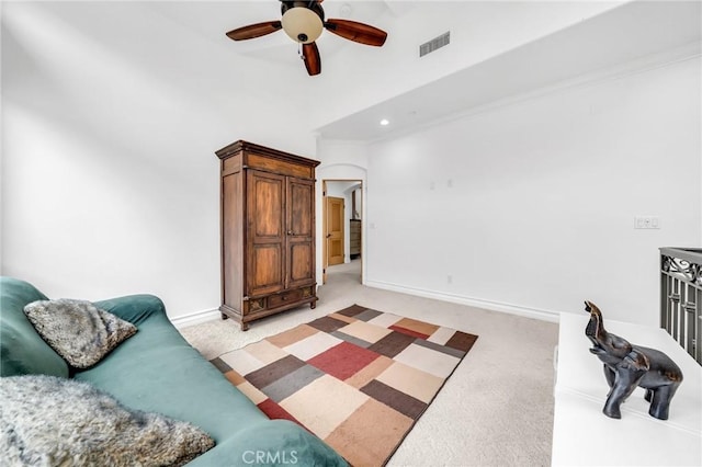1907 Ernest Ave Unit B, Redondo Beach, CA 90278 - living room with a high ceiling, ceiling fan, light carpet, baseboards, and recessed lighting