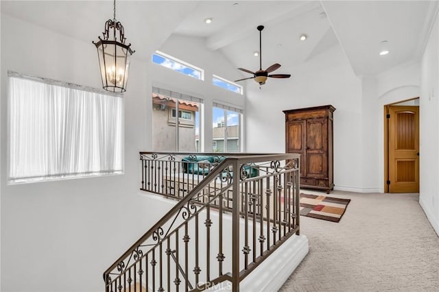 1907 Ernest Ave Unit B, Redondo Beach, CA 90278 - hall featuring carpet, an upstairs landing, high vaulted ceiling, a chandelier, and recessed lighting