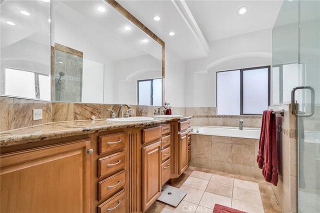 1907 Ernest Ave Unit B, Redondo Beach, CA 90278 - bathroom featuring vanity, a stall shower, tile patterned floors, a garden tub, and recessed lighting