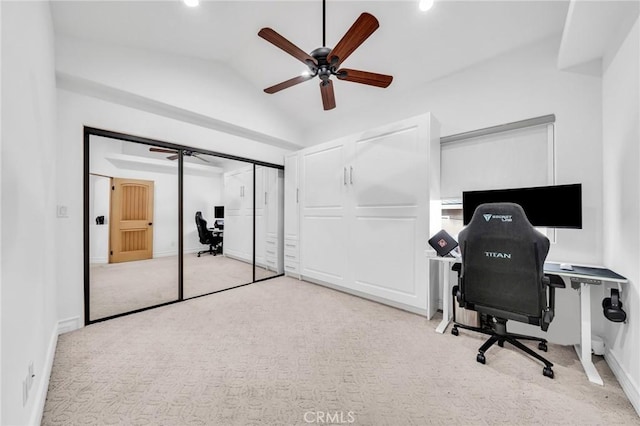 1907 Ernest Ave Unit B, Redondo Beach, CA 90278 - office area featuring carpet, ceiling fan, vaulted ceiling, baseboards, and recessed lighting