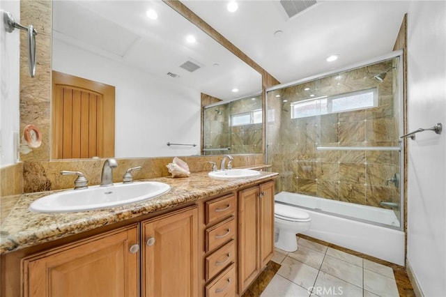 1907 Ernest Ave Unit B, Redondo Beach, CA 90278 - full bathroom with toilet, combined bath / shower with glass door, double vanity, tile patterned flooring, and recessed lighting