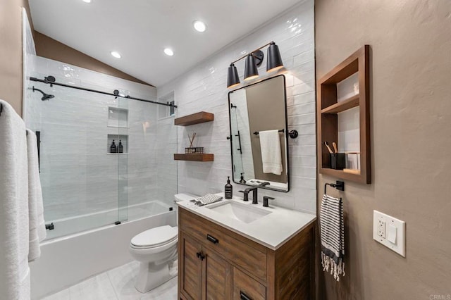 full bath featuring vanity, toilet, recessed lighting, combined bath / shower with glass door, and lofted ceiling