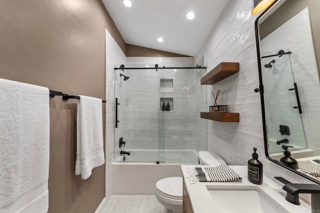 full bath with vaulted ceiling, vanity, combined bath / shower with glass door, toilet, and recessed lighting
