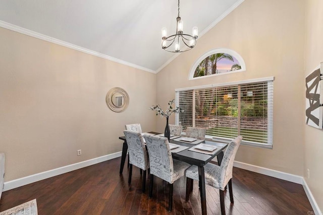 dining area featuring baseboards, a chandelier, high vaulted ceiling, and a healthy amount of sunlight