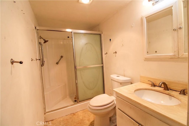 bathroom with vanity, toilet, and a shower stall