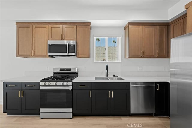kitchen featuring a sink, light wood-type flooring, light countertops, and appliances with stainless steel finishes