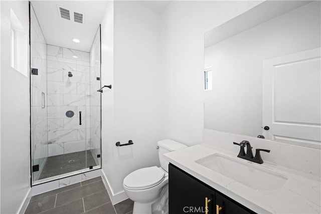 full bath with vanity, toilet, baseboards, a shower stall, and visible vents