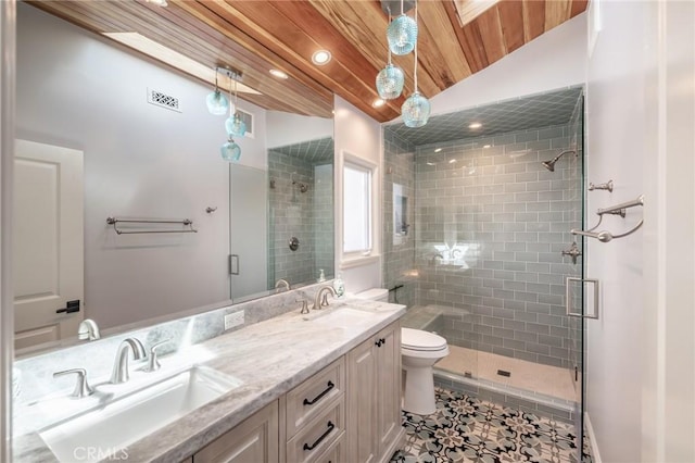 full bath featuring a sink, wooden ceiling, a shower stall, and tile patterned floors