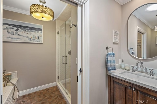 full bathroom with crown molding, vanity, baseboards, a shower stall, and a bath