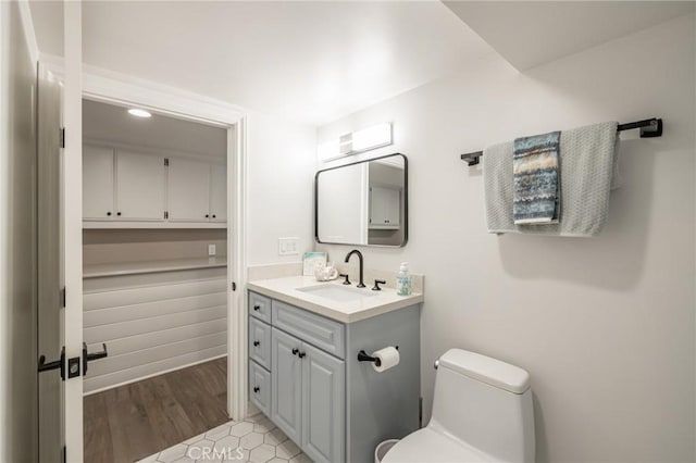 bathroom with toilet, wood finished floors, and vanity