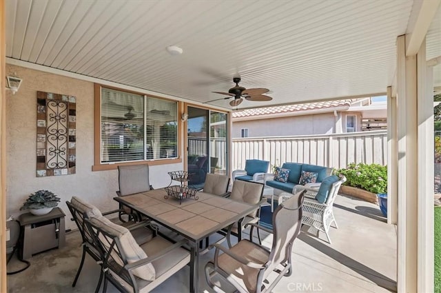 40636 Via Jalapa, Murrieta, CA 92562 - view of patio / terrace featuring an outdoor hangout area, a ceiling fan, outdoor dining space, and fence