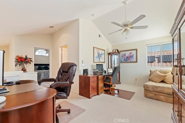 40636 Via Jalapa, Murrieta, CA 92562 - carpeted home office featuring a ceiling fan, visible vents, and lofted ceiling