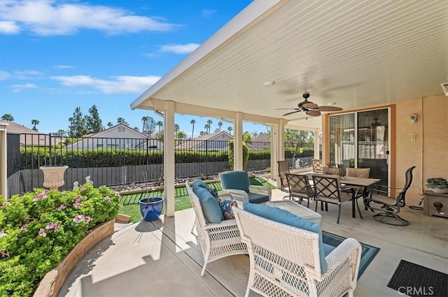 40636 Via Jalapa, Murrieta, CA 92562 - view of patio / terrace featuring a fenced backyard, ceiling fan, an outdoor hangout area, and outdoor dining space