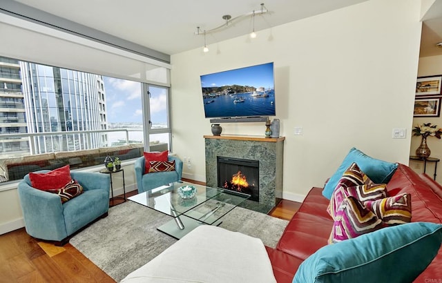 700 W E St Unit 2802, San Diego, CA 92101 - living area featuring a premium fireplace and wood finished floors