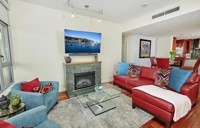 700 W E St Unit 2802, San Diego, CA 92101 - living room featuring wood finished floors, a premium fireplace, and baseboards