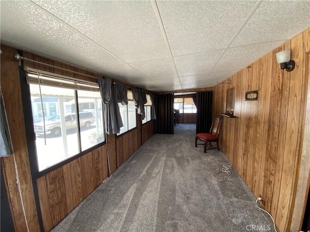 unfurnished room featuring wood walls and carpet