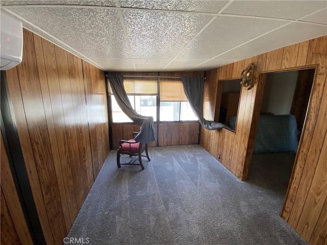 living area with wood walls and carpet