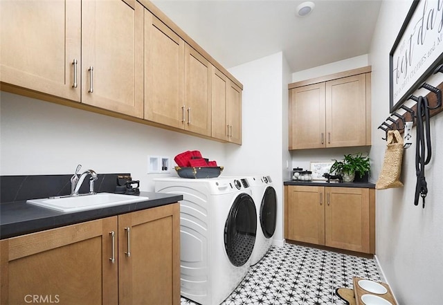 3816 Crossen Dr, Corona, CA 92883 - laundry area with cabinet space, washer and dryer, light floors, and baseboards
