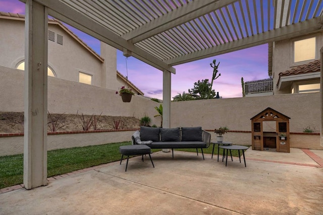 3702 Southridge Way, Oceanside, CA 92056 - patio terrace at dusk featuring a fenced backyard, an outdoor living space with a fireplace, and a pergola