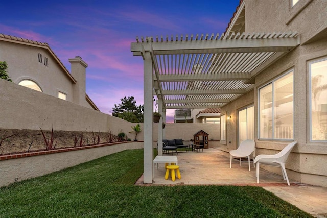 3702 Southridge Way, Oceanside, CA 92056 - patio terrace at dusk featuring a pergola and an outdoor living space