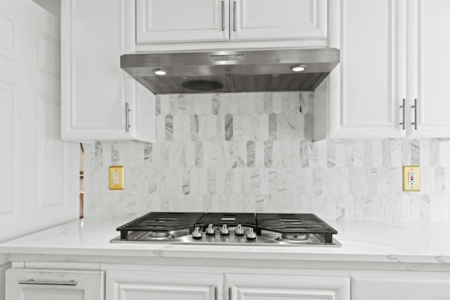 3702 Southridge Way, Oceanside, CA 92056 - kitchen featuring extractor fan, stainless steel gas stovetop, white cabinets, and decorative backsplash