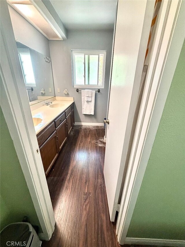 5829 Aurora Ave, Jurupa Valley, CA 91752 - bathroom with wood finished floors, double vanity, plenty of natural light, and baseboards