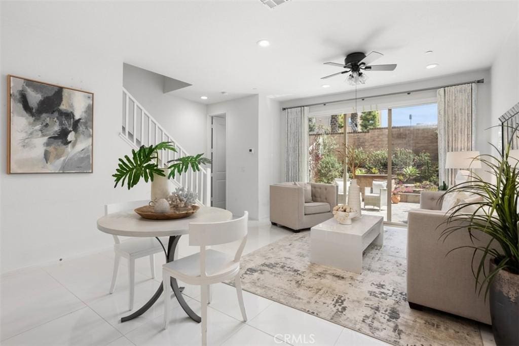 1146 Via Cuesta, Oceanside, CA 92056 - living room with baseboards, recessed lighting, ceiling fan, and stairway