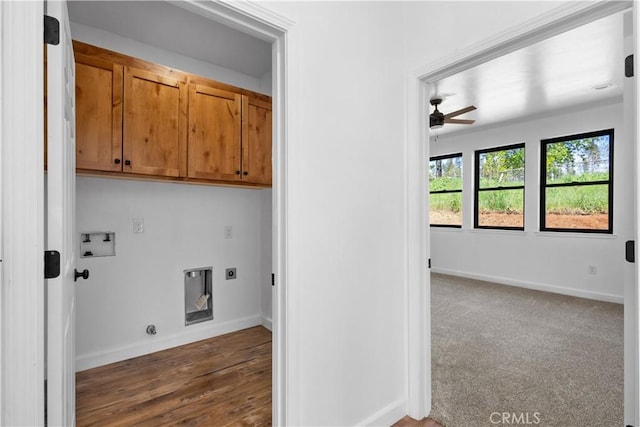6010 Sunny Ln, Paradise, CA 95969 - clothes washing area featuring cabinet space, washer hookup, hookup for an electric dryer, baseboards, and ceiling fan