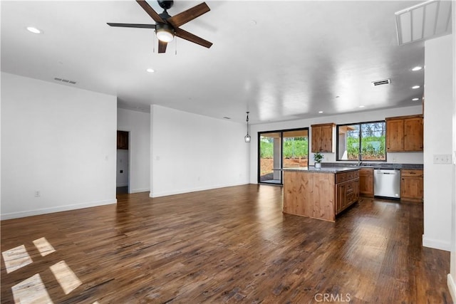 6010 Sunny Ln, Paradise, CA 95969 - kitchen featuring stainless steel dishwasher, a ceiling fan, open floor plan, a center island, and dark wood finished floors