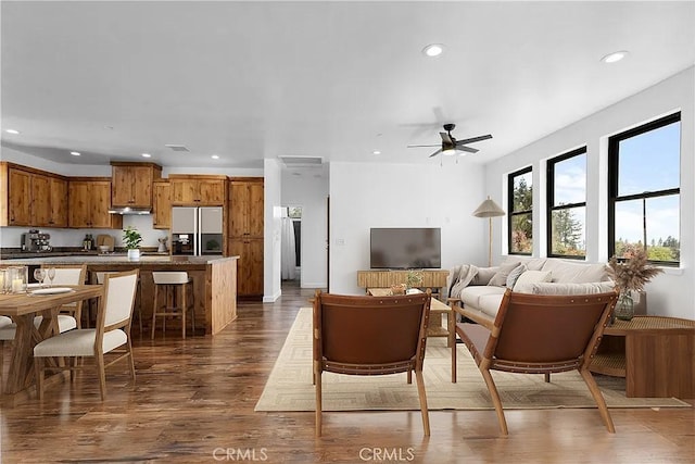 6010 Sunny Ln, Paradise, CA 95969 - living room with recessed lighting, dark wood-style floors, and ceiling fan