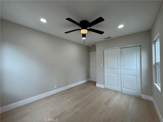 4609 Highgrove Ave, Torrance, CA 90505 - unfurnished bedroom featuring light wood-style flooring, baseboards, a closet, recessed lighting, and ceiling fan
