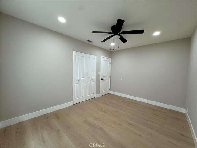 4609 Highgrove Ave, Torrance, CA 90505 - unfurnished bedroom with baseboards, light wood finished floors, recessed lighting, a ceiling fan, and a closet