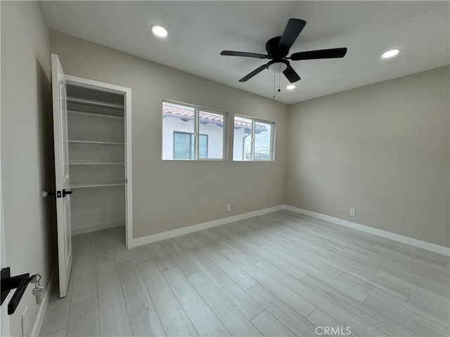 4609 Highgrove Ave, Torrance, CA 90505 - unfurnished bedroom featuring light wood-style flooring, baseboards, recessed lighting, ceiling fan, and a closet
