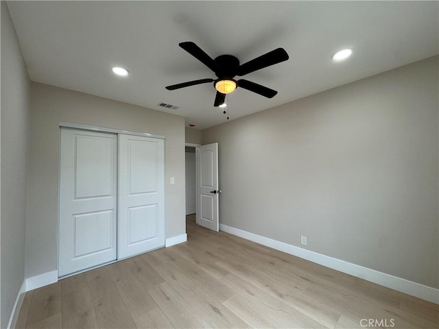 4609 Highgrove Ave, Torrance, CA 90505 - unfurnished bedroom featuring baseboards, light wood finished floors, a closet, recessed lighting, and ceiling fan